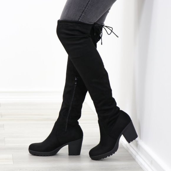 Shoes - Lug Chunky Heel BlackThigh High Suede Boots